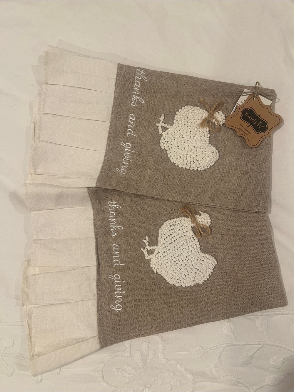 Mud Pie Beige and Cream Thanksgiving Kitchen Towels with Turkey Appliqué